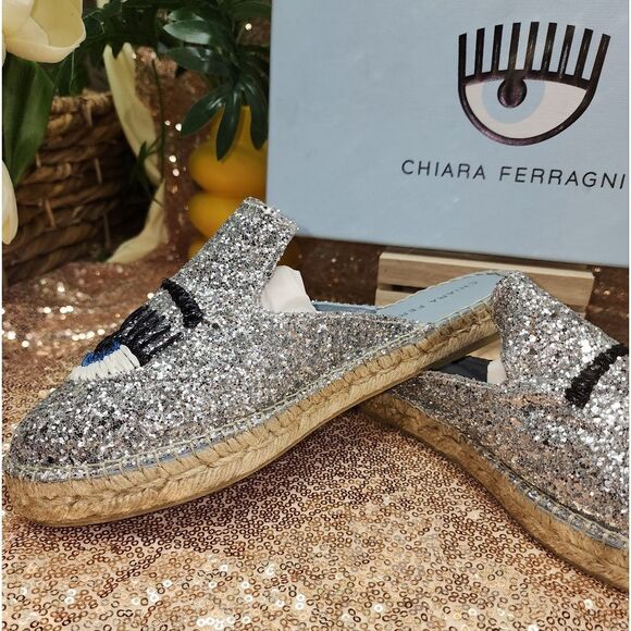 NIB CHIARA FERRAGNI Glitter Espadrille Mules In Silver - Picture 8 of 13